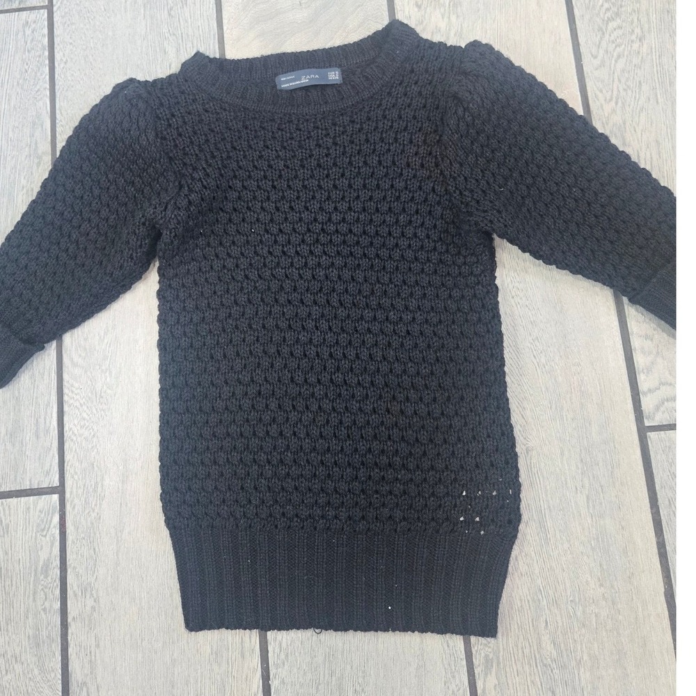 Zara Black Puff Sleeve Textured Open Knit Sweater Round Neck Size Small